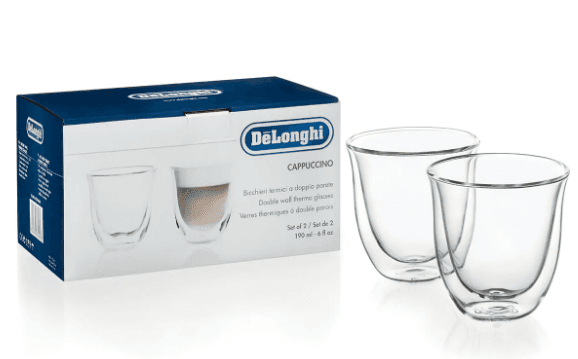 De'Longhi Cappuccino Glasses, Capacity 270ml, Double Wall Thermal Glasses, Set of 2 Cups, Dishwasher and Microwave Safe, Hand-Blown Glass, DLSC311