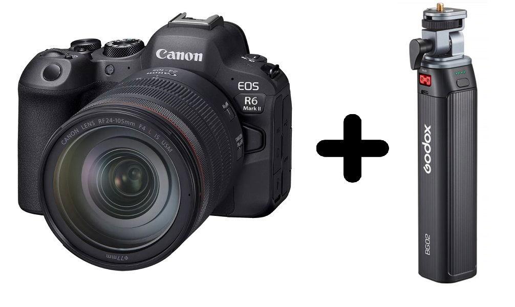 طقم عدسة Canon EOS R6 Mark II RF24-105mm + هدية مجانية قبضة بطارية Godox، رأس إمالة 160 درجة، سعة 95 واط/ساعة، أسود، BG02