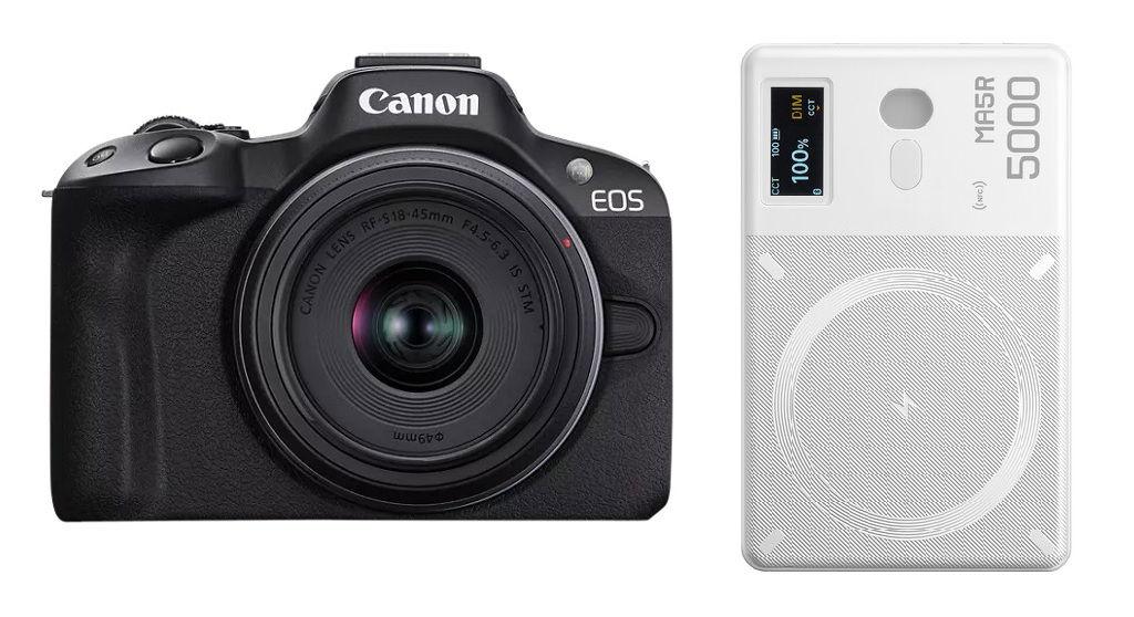 Canon EOS R50 RF-S18-45mm F4.5-6.3 IS STM Lens Kit + Free Gift Godox MA5R RGB LED Light and Power Bank (White)