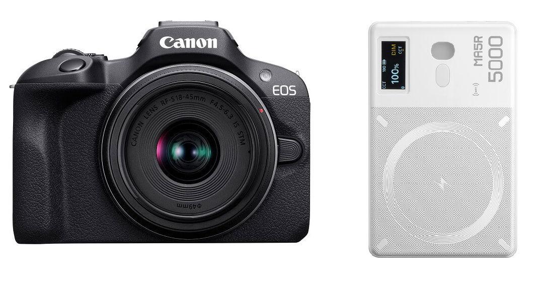 Canon EOS R100 with RF-S 18-45 Kit + Free Gift Godox MA5R RGB LED Light and Power Bank (White)