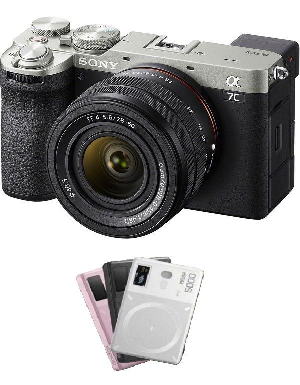 كاميرا سوني α7C II صغيرة الحجم ذات إطار كامل مع عدسة 28-60 مم (ILCE-7CM2L/S) + هدية مجانية من Godox MA5R RGB LED وبنك طاقة