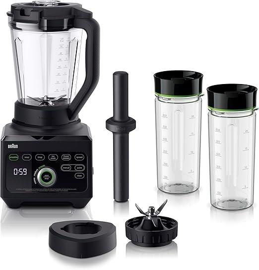 Braun Premium Power Blender, 1600W, 2L, Smoothie Maker PowerBlend 9 with 18 Functions, Unique Triangular Tritan Jar, 2 Smoothie2Go Bottles for Hot Soup, Chop, Ice Crush, Ice Cream and Spread, JB9042, Black