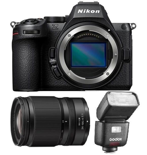 هيكل كاميرا نيكون Z5 II كاملة الإطار بدون مرآة، VOA170AM + عدسة نيكور Z 24-105 مم f/4-7.1 + هدية مجانية فلاش Godox Ving TTL المثبت على الكاميرا لكاميرات نيكون، V480N 
