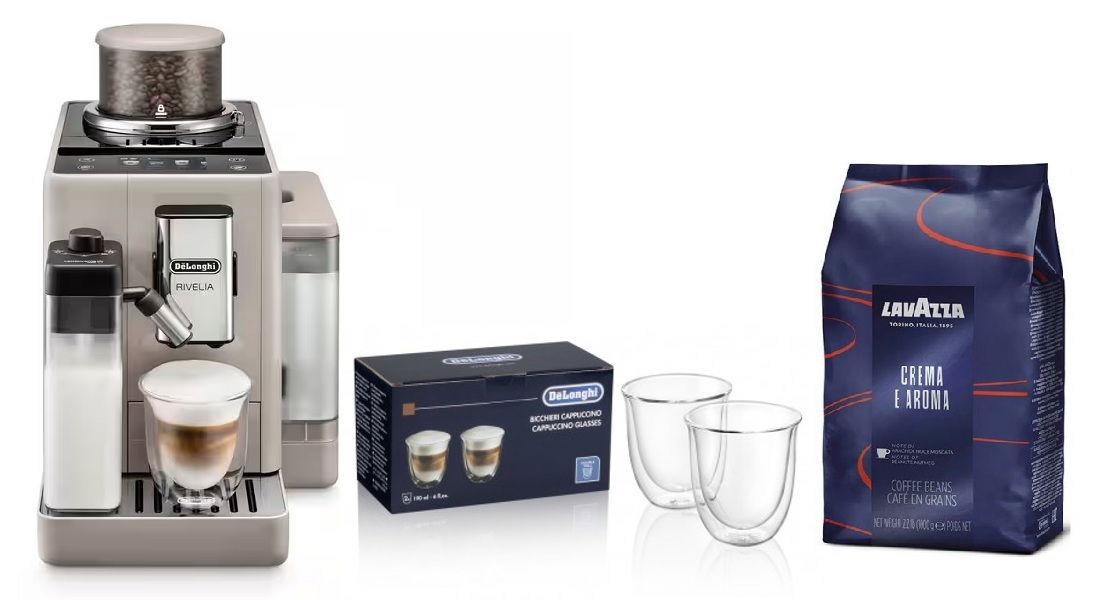 De'Longhi Rivelia, Fully Automatic Coffee Machine, Bean to Cup, with LatteCrema Hot, Automatic Milk Frother + Lavazza Crema e Aroma Beans 1k Free Gift + Delonghi Cappuccino Cups Set 190 ml