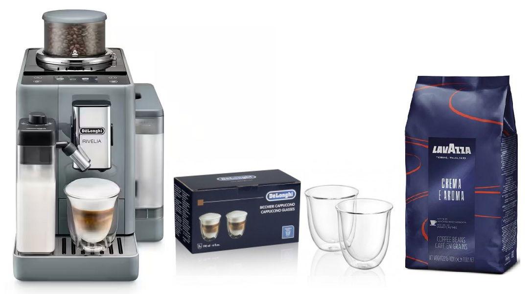 De'Longhi Rivelia, Fully Automatic Coffee Machine, Bean to Cup, with LatteCrema Hot, Automatic Milk Frother + Lavazza Crema e Aroma Beans 1k Free Gift + Delonghi Cappuccino Cups Set 190 ml