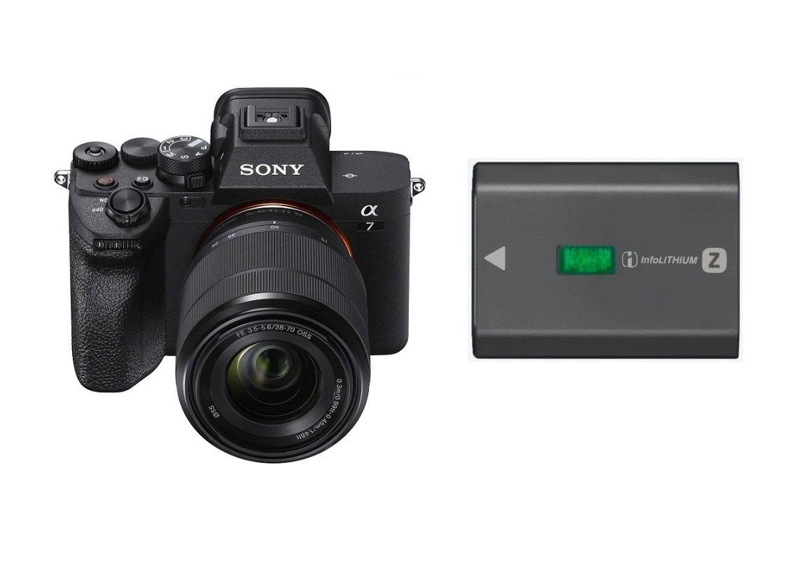 كاميرا سوني ألفا 7 IV الهجينة ذات الإطار الكامل مع عدسة تكبير 28-70 مم ،ILCE-7M4K + بطارية قابلة لإعادة الشحن من سلسلة Z من سوني، NP-FZ100