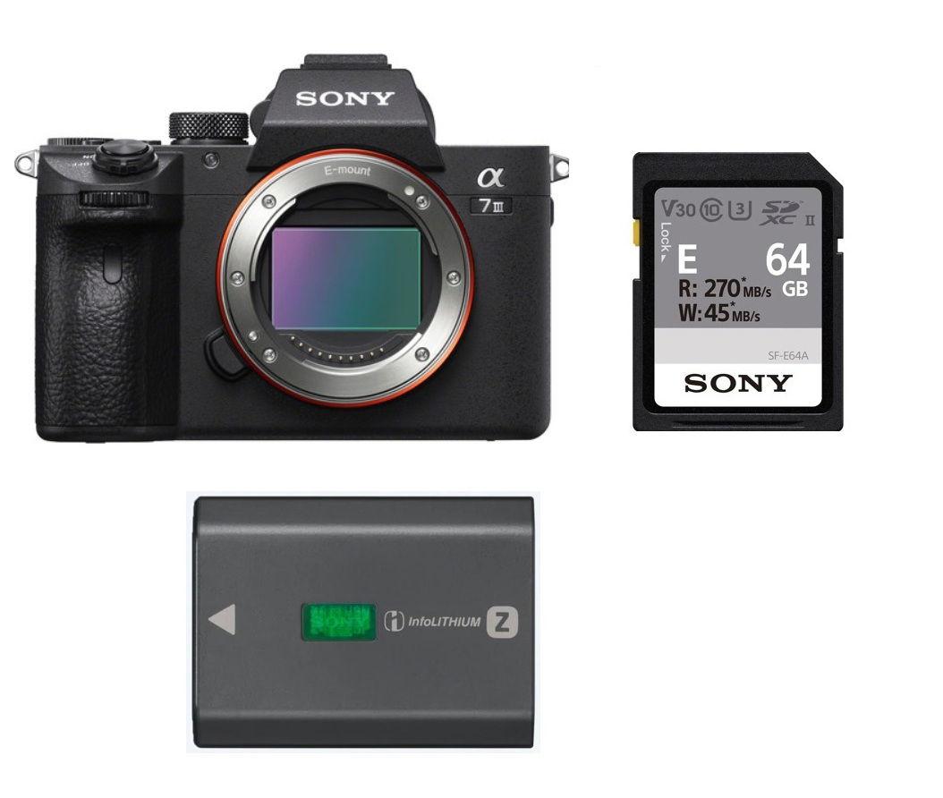 كاميرا سوني a7 III الرقمية، الهيكل فقط، ILCE-7M3 + هدية مجانية حزمة بطارية قابلة لإعادة الشحن من سلسلة Z من سوني + بطاقة ذاكرة UHS-II SDXC من سوني سعة 64 جيجابايت من سلسلة E
