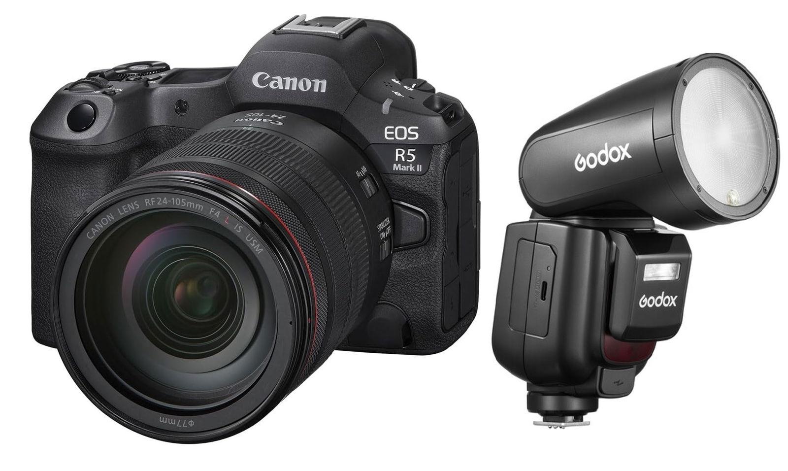 Canon EOS R5 Mark II + RF 24-105 Lens (EOSR5MKIIKIT) + Gift Godox V1 Pro Flash for Canon (V1PRO-C)