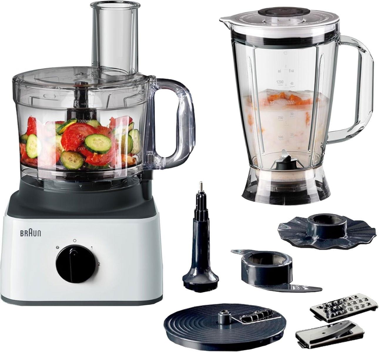 Braun Food Processor 8 in 1, 750W, 2 Speeds, Pulse Function, 2.1L Capacity, 1.8L Blender, Slicing and Grating disc, Dough, Ice Crusher Blade, FP0132WH, White