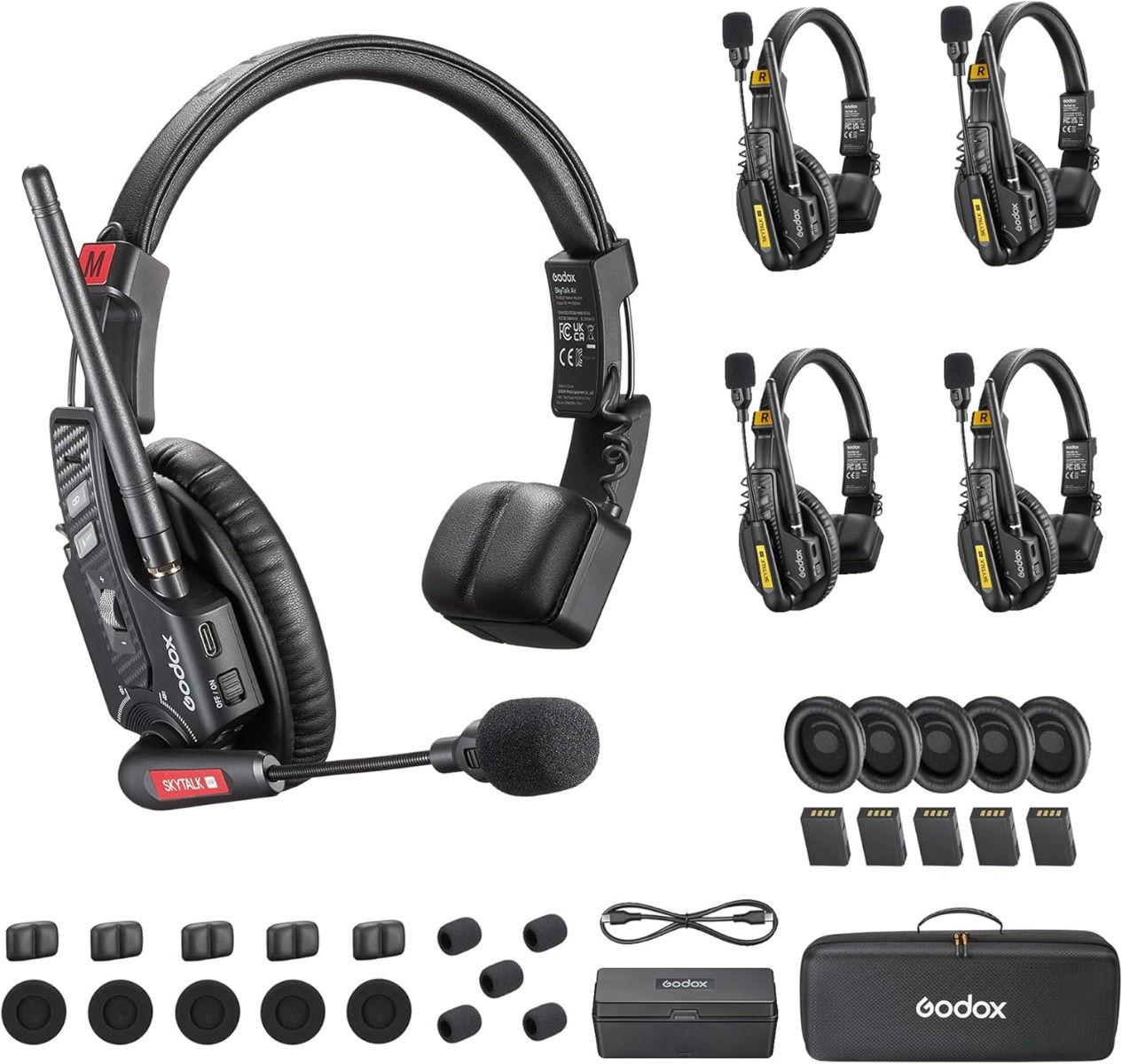 نظام سماعة رأس لاسلكية للاتصال الداخلي من جودوكس سكاي توك إير 5 إس، بتردد 2.4 جيجاهرتز، مدى 500 متر/1640 قدم، وقت تشغيل يصل إلى 20 ساعة مع خاصية تقليل الضوضاء، لخمسة أشخاص