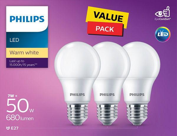 Philips LED Non Dimmable Bulb 7W E27 3000K 3PCS
