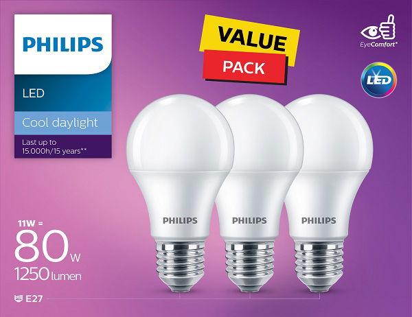 Philips LED Non Dimmable Bulb 11W E27 6500K 3PCS