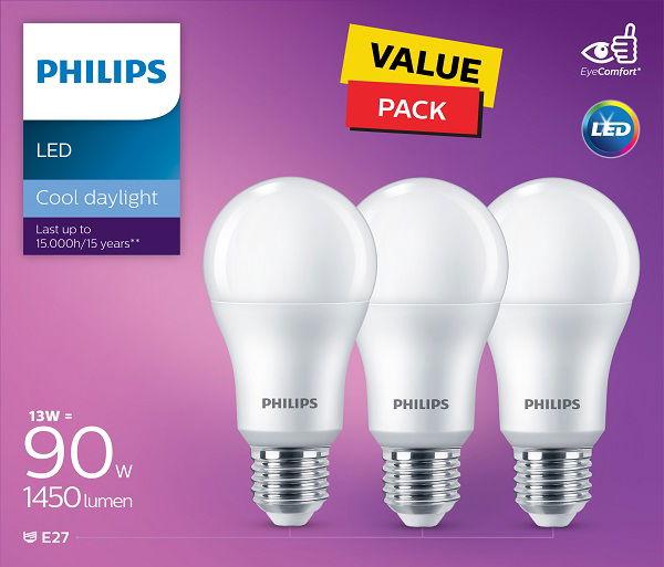 Philips LED Non Dimmable Bulb 13W E27 6500K 3PCS (PHI-929002305386)
