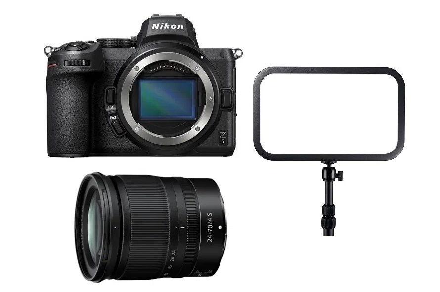 كاميرا نيكون Z5 بدون مرآة (VOA040AM) + عدسة نيكون نيكور زد 24-70 مم f/4 S + هدية مجانية مجموعة إضاءة LED للألعاب الإلكترونية من Godox ES45