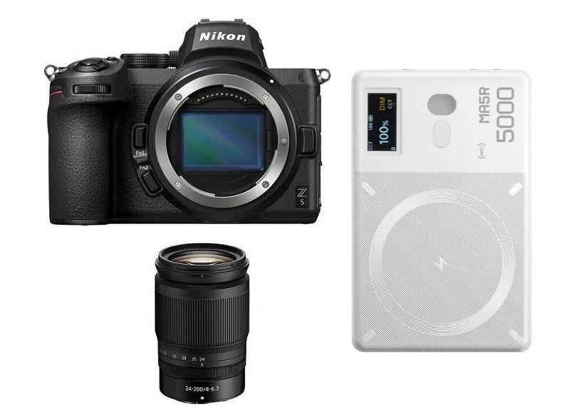 كاميرا نيكون Z5 بدون مرآة (VOA040AM) + عدسة 24-200 نيكون + جهاز إضاءة LED RGB من جودوكس MA5R وبنك طاقة