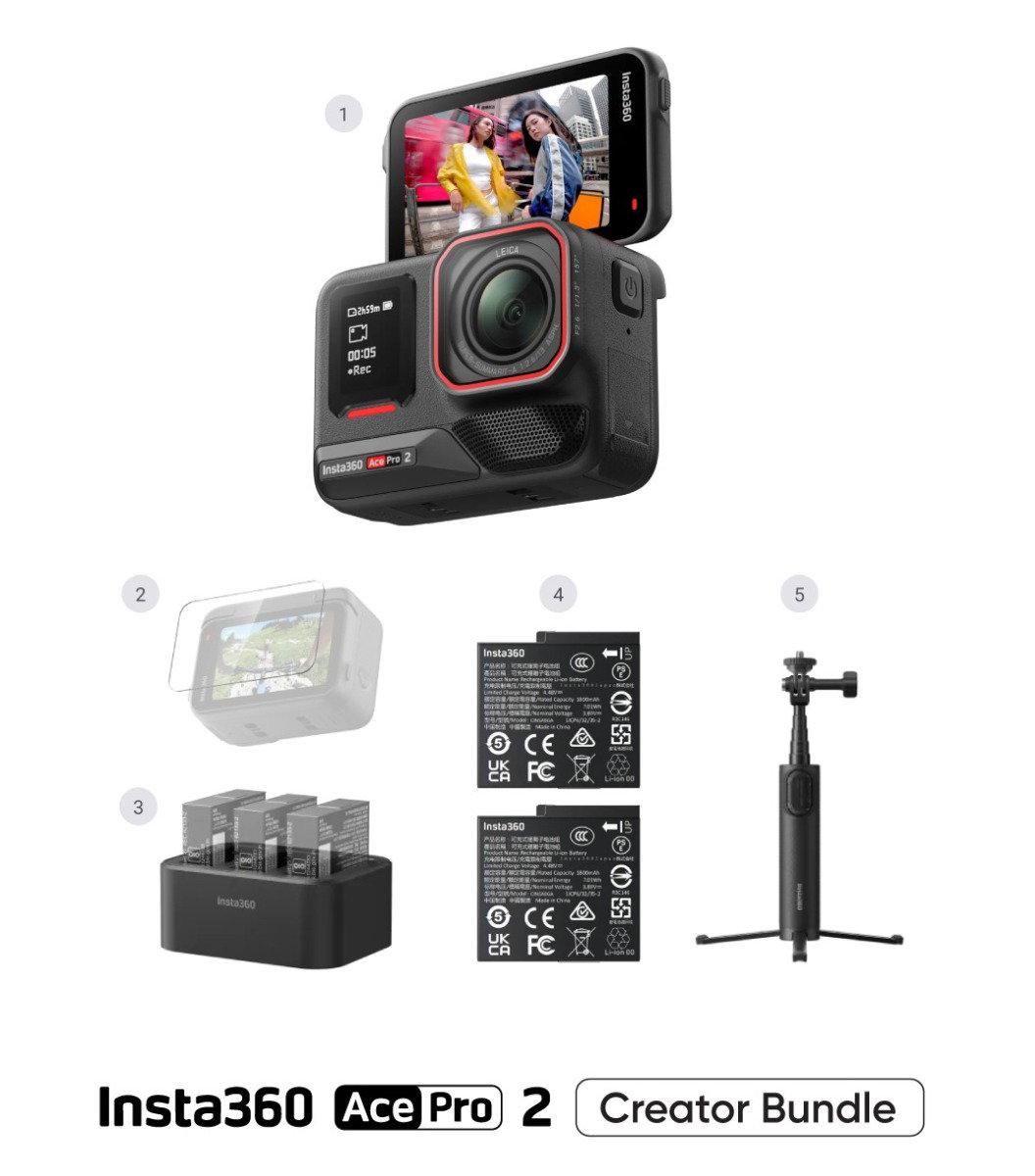 إنستا360 Ace Pro 2، باقة صناع المحتوى، بطاريتان، مقاومة للماء حتى عمق 10 أمتار، مستشعر كبير بدقة 8K، تحرير ثنائي بتقنية الذكاء الاصطناعي، تقليل التشويش، مستشعر 1/1.3 بوصة، CINSBBGA-ACEPRO16، رمادي داكن