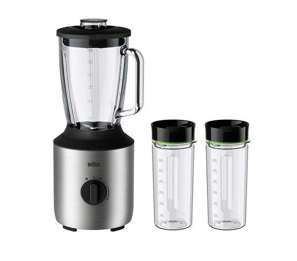 Braun Power Blender, 800W, 1.5L Capacity, Glass Jug, Variable Speeds, Pulse Function, 0.600L Smoothie2Go Bottles, Dishwasher Safe, JB3272SI, Silver
