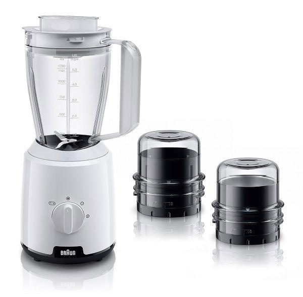 Braun Blender, 600W, 2 Speeds, Pulse Function, 1.5L Mixing Capacity, 0.150L Chopper, 0.150L Grinder, Ice Crush, Steel Knife, Dishwasher Safe,  JB1023WH, White