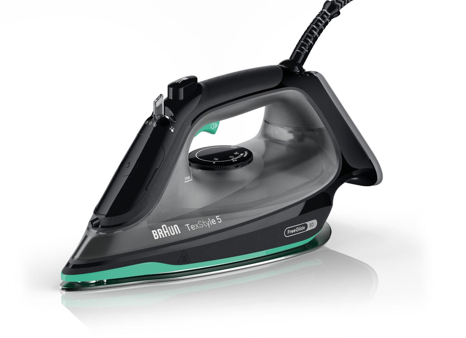 Braun TexStyle 5 Steam iron, 2700 W, Steam rate: 50 g/min, Steam shot: 220 g/min, with 3D FreeGlide Technology and Vertical steaming, SuperCeramic Sole, Ultimate Fast ans self Clean, Automatic Shut-Off with anti drip system, SI5277GR, Black/Green
