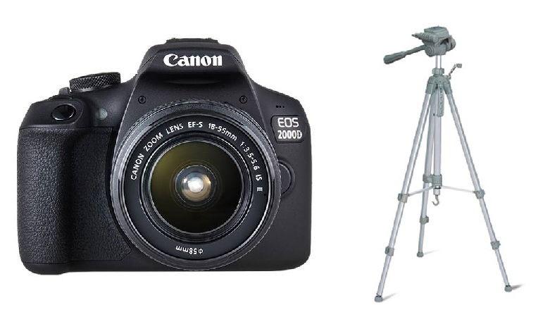 طقم كاميرا كانون EOS 2000D مع عدسة 18-55، 24 ميجابكسل، وكاميرا EOS2000D + هدية مجانية حامل نينغبو (WT3520)