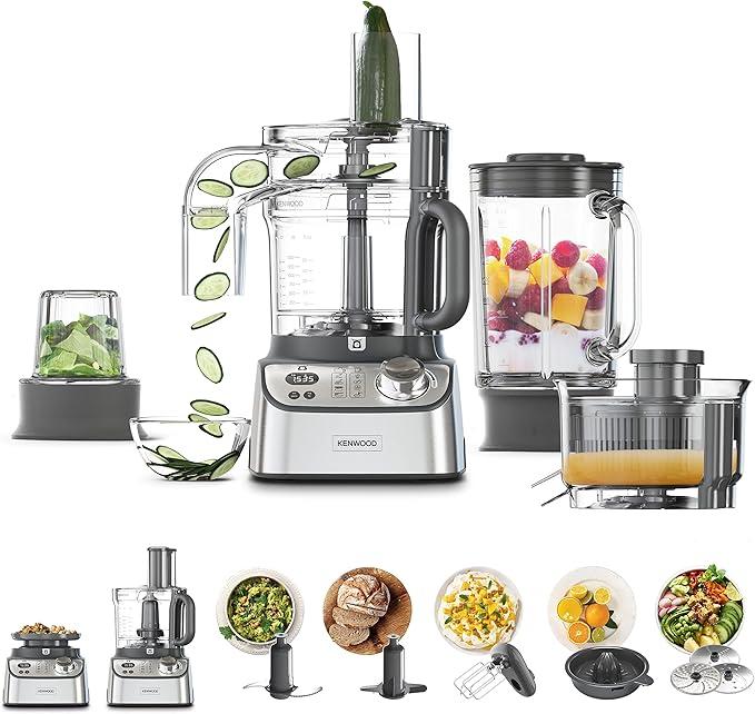 Kenwood Food Processor, 1000W, 3L Food Processor, 1.5L Thermo Resist Glass Blender, 11 Processing Attachments, Glass Multi Mill, Juice Extractor, Digital Display, Kitchen Scale, FDM71.980SS, Silver