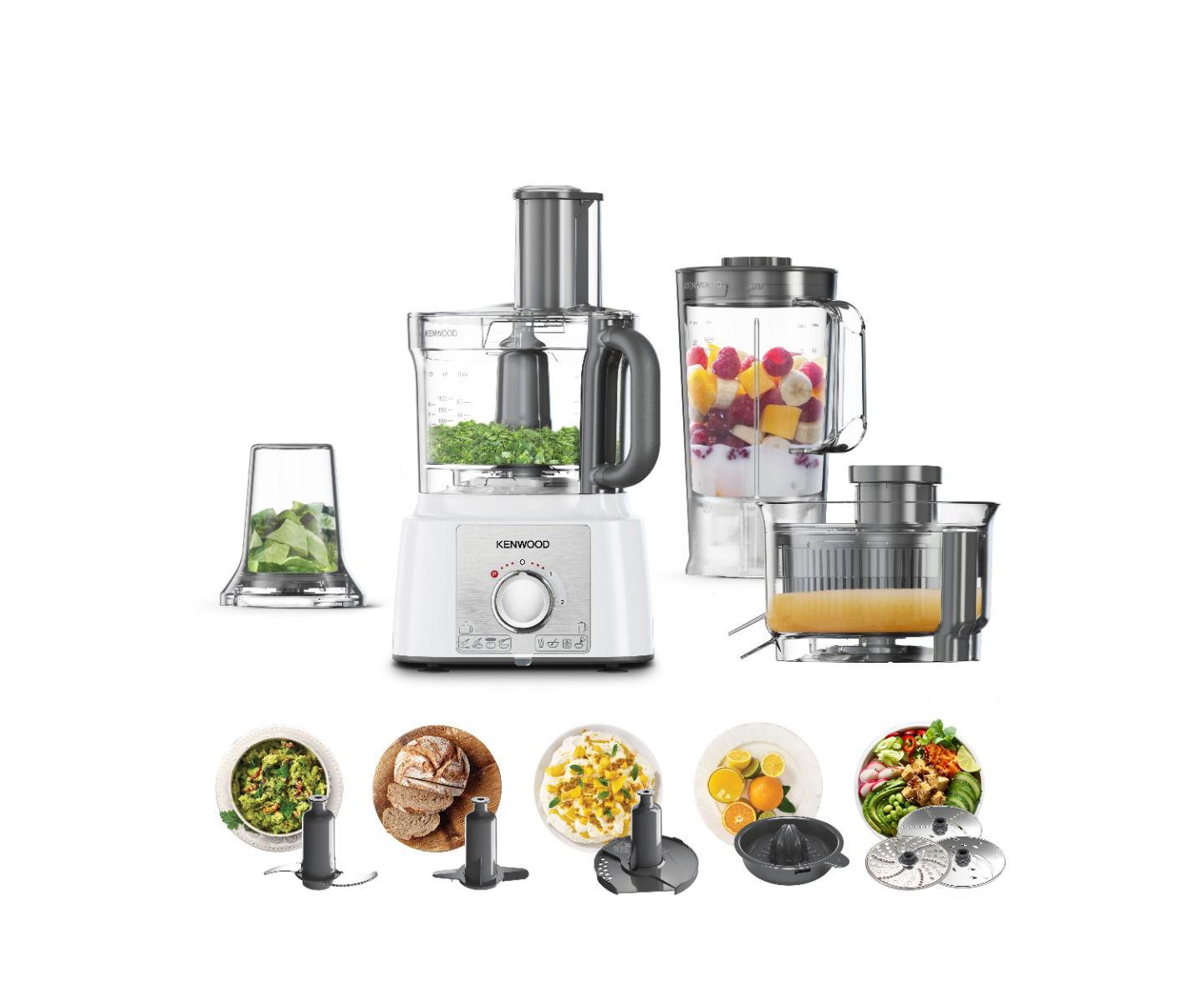Kenwood Food Processor, 1000W, 3L Bowl, 1.5L Blender, 11 Attachments, 3 Stainless Steel Disks, Blender, Grinder, Juicer Extractor, Whisk, Dough Maker, Citrus Juicer, FDP65.750WH, White