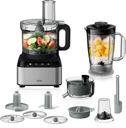 Braun Food Processor 12 in 1, 800W, 2 Speeds, Pulse Function, 2.1L Bowl capacity, 1.2L Blender, Slicing and Grating disc, Citrus Juicer, Juice Extractor, Dough, EP325SI, Silver