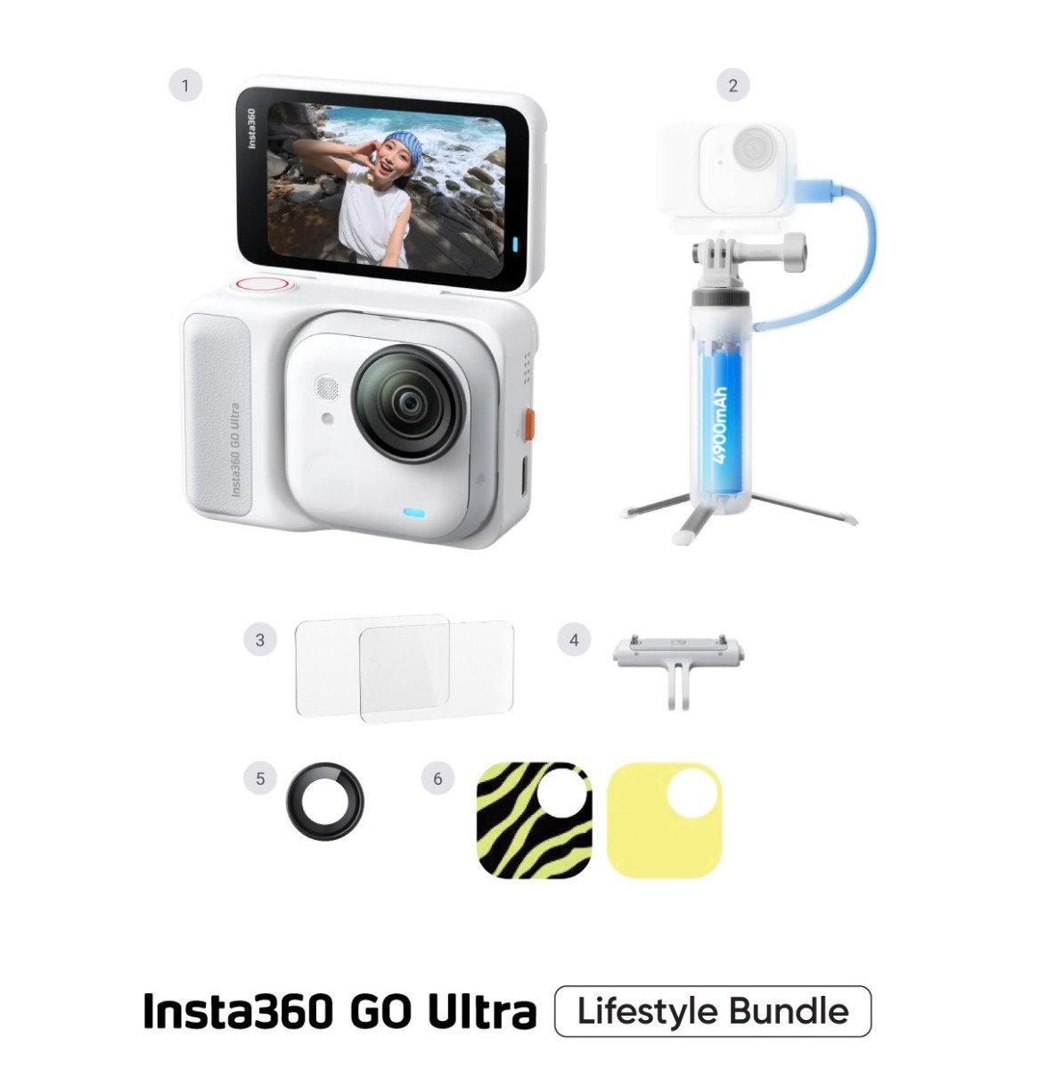 Insta360 GO Ultra, Lifestyle bundle, Small 4K Vlogging Camera, Hands-Free, POV Cam, 1/1.28" Sensor, 53g Lightweight, Magnetic Wearable Action Camera, CINSABEA-GOULTRA85, White