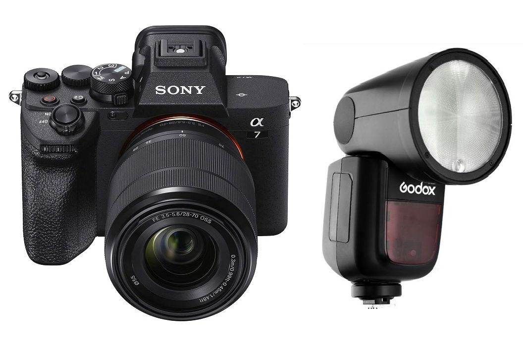كاميرا سوني ألفا 7 IV ذات الإطار الكامل هجينة مع عدسة زووم 28-70 مم، ILCE-7M4K + هدية مجانية فلاش Godox TTL LI-ION دائري لسوني، V1S