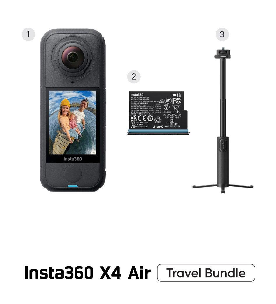 كاميرا إنستا360 X4 Air، باقة السفر، كاميرا خفيفة الوزن 165 غرام بدقة 8K بزاوية 360 درجة، عصا سيلفي غير مرئية، عدسات قابلة للاستبدال، مثبت فلو ستيت، CINSAAFA-SE30، أسود