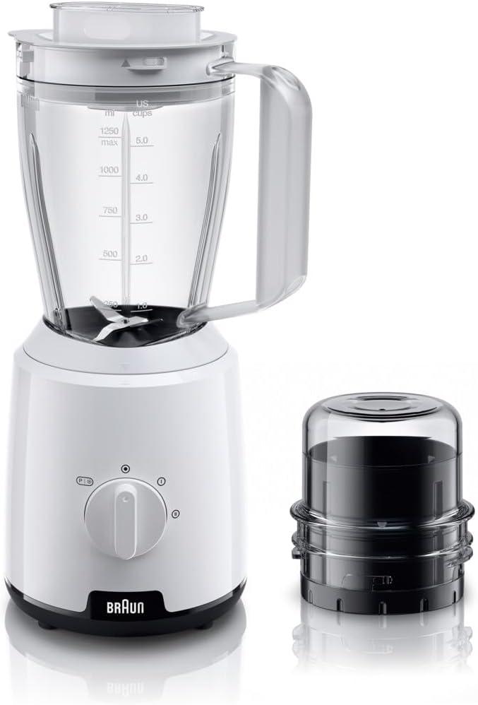 Braun Blender, 600W, 2 Speeds, Pulse Function, 1.5L Mixing Capacity, 0.150L Chopper, Ice Crush, Steel Knife, Dishwasher Safe,  JB1015WH, White