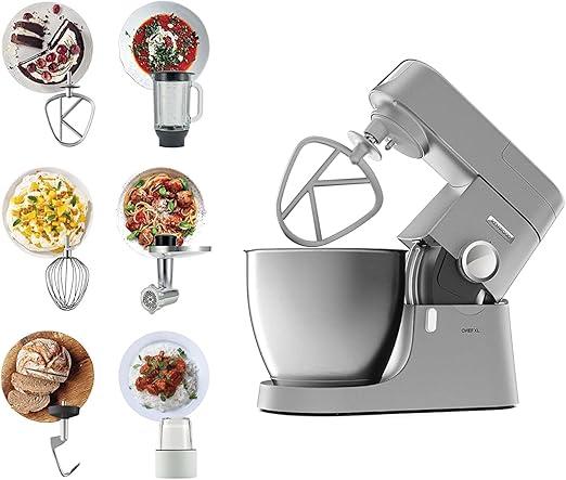 Kenwood Kitchen Machine, Metal Body, 1200W, 6.7L Steel Bowl, K-Beater, Whisk, Dough Hook, Glass Blender, Meat Grinder, Multi Mill, KVL4230S, Silver