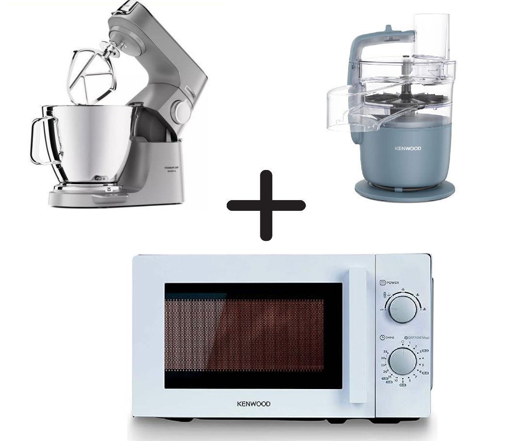 Kenwood Kitchen Machine Titanium Chef Baker XL 7L, 5L Bowl 1800W, KVL85.344SI + Kenwood Microwave, 700W, 20L, Grill, 5 Power Levels, MWM20.000WH + Kenwood Food Processor, MultiPro Go, 650W, 1.3L Bowl, FDP22.130GY