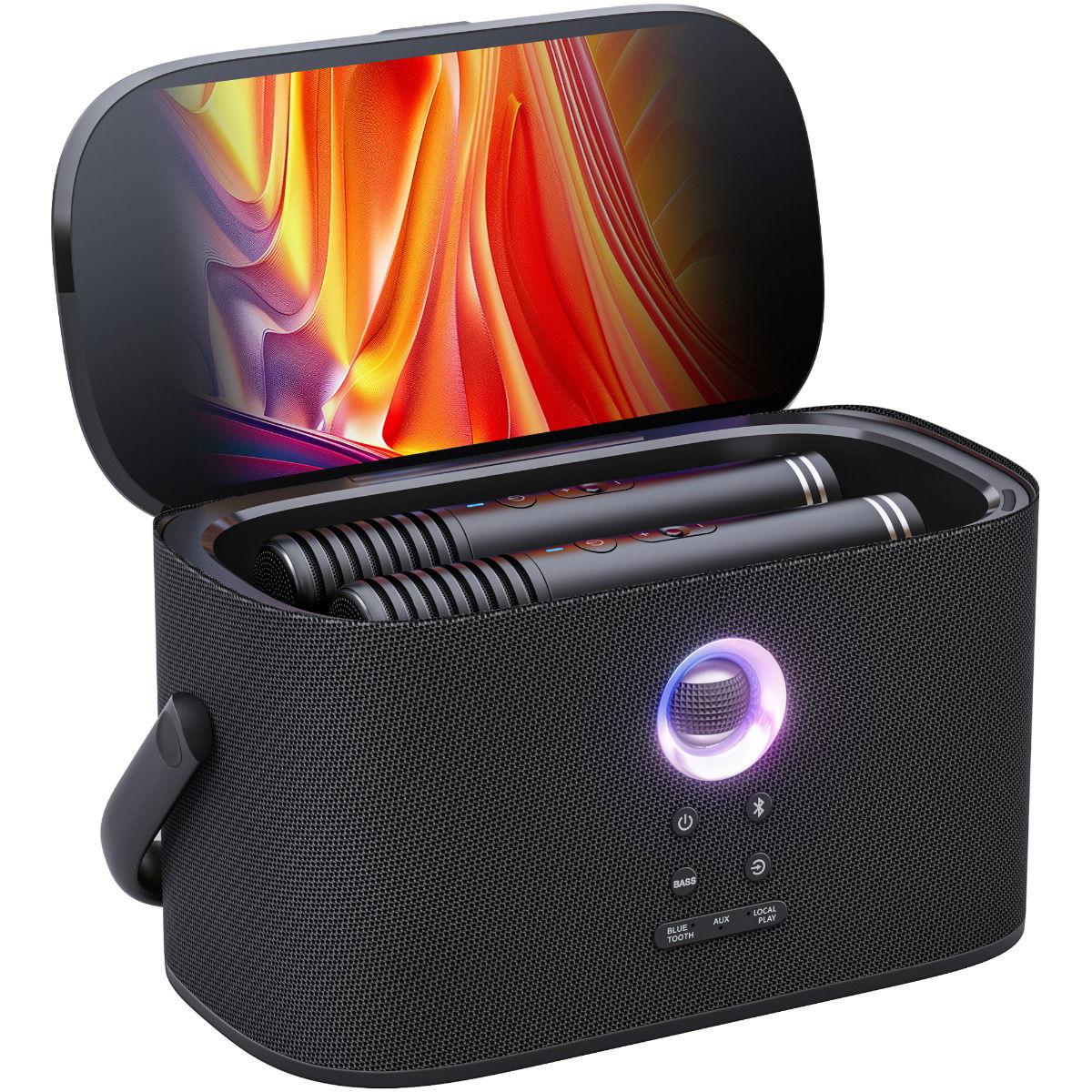 إيكارو جهاز كاريوكي بشاشة عرض كلمات الأغاني، ميكروفونان لاسلكيان ذاتيان الشحن، خاصية الضبط التلقائي للصوت ومعادل الصوت، مكبر صوت بقوة 140 واط، خاصية توصيل التلفزيون، نظام كاريوكي محمول للمنزل والعائلة والحفلات والسفر، Shell S2، أسود