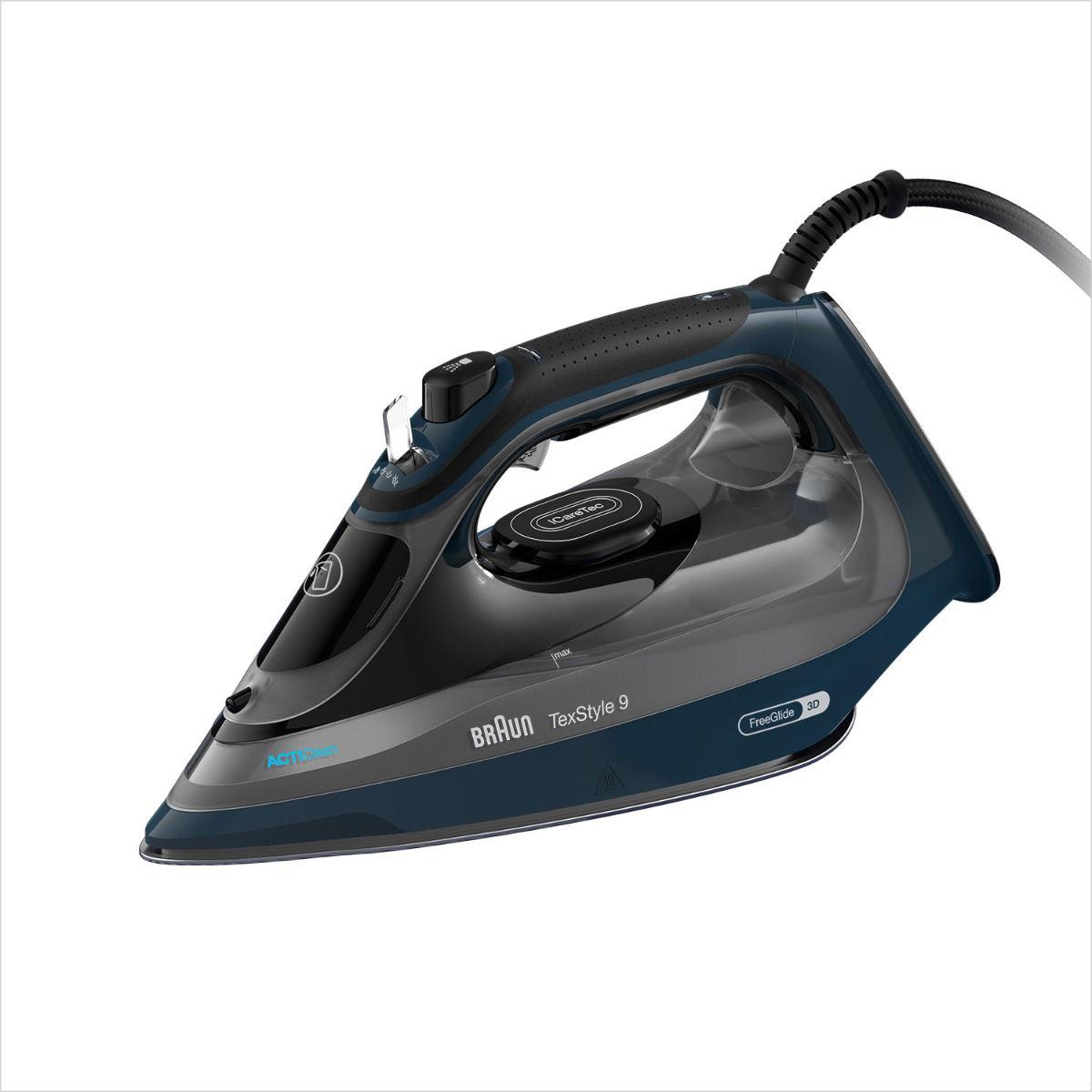 Braun Texstyle 9 steam Iron, 3200W Steam Boost 260 g, Steam rate 60 g/min with Turbo steam, smart Icare technology, Quick Heating, curving soleplate with FreeGlide 3D Technology, Capacity 330 ml with ActiClean System, SI9682DB, Dark Blue