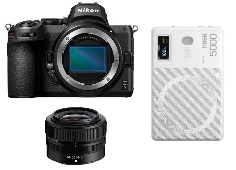 طقم نيكون Z5 مع عدسة 24-50، كاميرا بدون مرآة بإطار كامل + هدية مجانية من Godox MA5R RGB LED وبنك طاقة