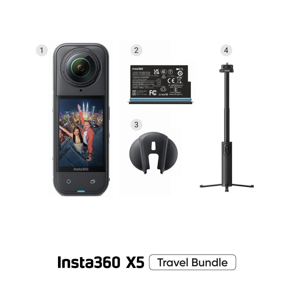 كاميرا إنستا360 X5، كاميرا 360 درجة، حزمة سفر، تحرير فيديو قوي بتقنية الذكاء الاصطناعي، عمر بطارية يصل إلى 208 دقائق، جودة صورة فائقة، أسود