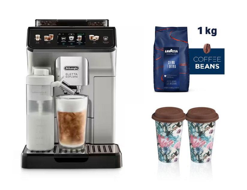 Delonghi Eletta Explore Automatic Coffee Machine Bundle with 2 Double-Wall Travel Mugs & Lavazza Crema e Aroma Coffee Beans 1kg