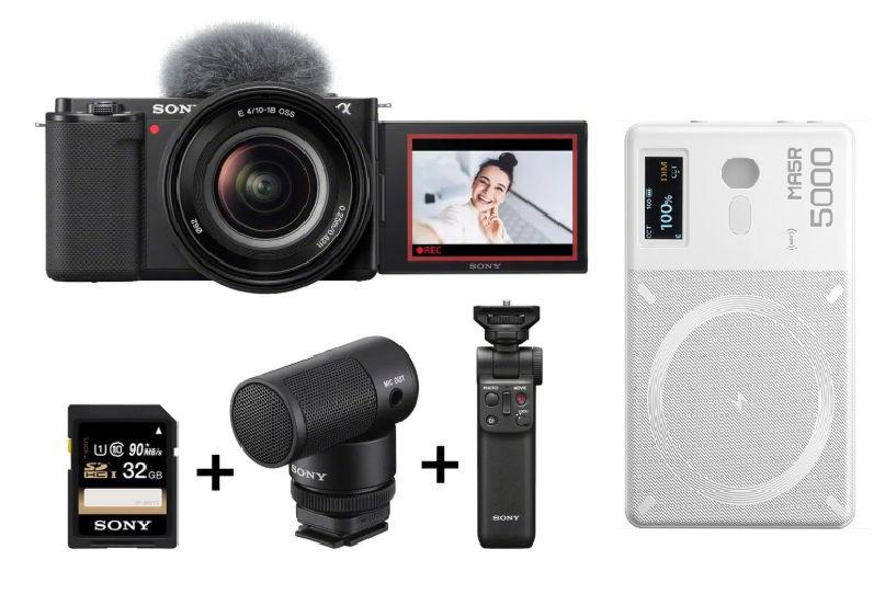 كاميرا سوني ZV-E10 vlog مع قبضة التصوير وجهاز التحكم عن بعد اللاسلكي وميكروفون لاسلكي + هدية مجانية إضاءة Godox MA5R RGB LED وبنك الطاقة