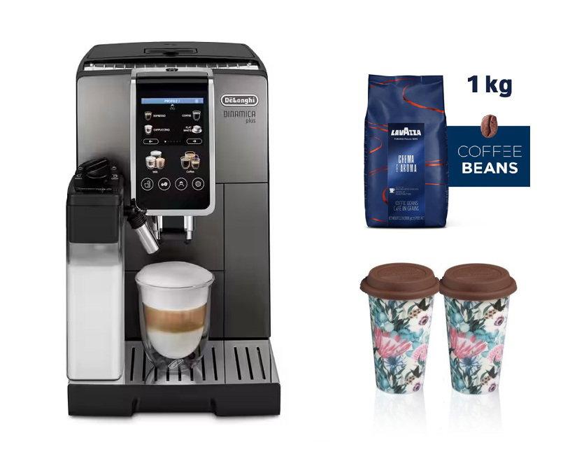 De'Longhi Dinamica Plus, Fully Automatic Coffee Machine, 24+ Functions, 1450W, 1.8L, Bundle with 2 Double-Wall Travel Mugs & Lavazza Crema e Aroma Coffee Beans 1kg