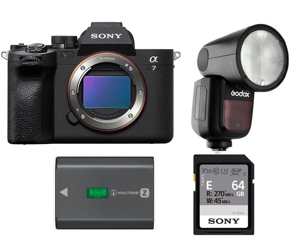 كاميرا سوني α7R V عالية الدقة ذات الإطار الكامل (ILCE-7RM5) + هدية مجانية فلاش Godox TTL LI-ION دائري لكاميرا سوني (V1S) + بطاقة ذاكرة Sony UHS-II SDXC من سلسلة E بسعة 64 جيجابايت + حزمة بطارية قابلة لإعادة الشحن من سلسلة Z من سوني