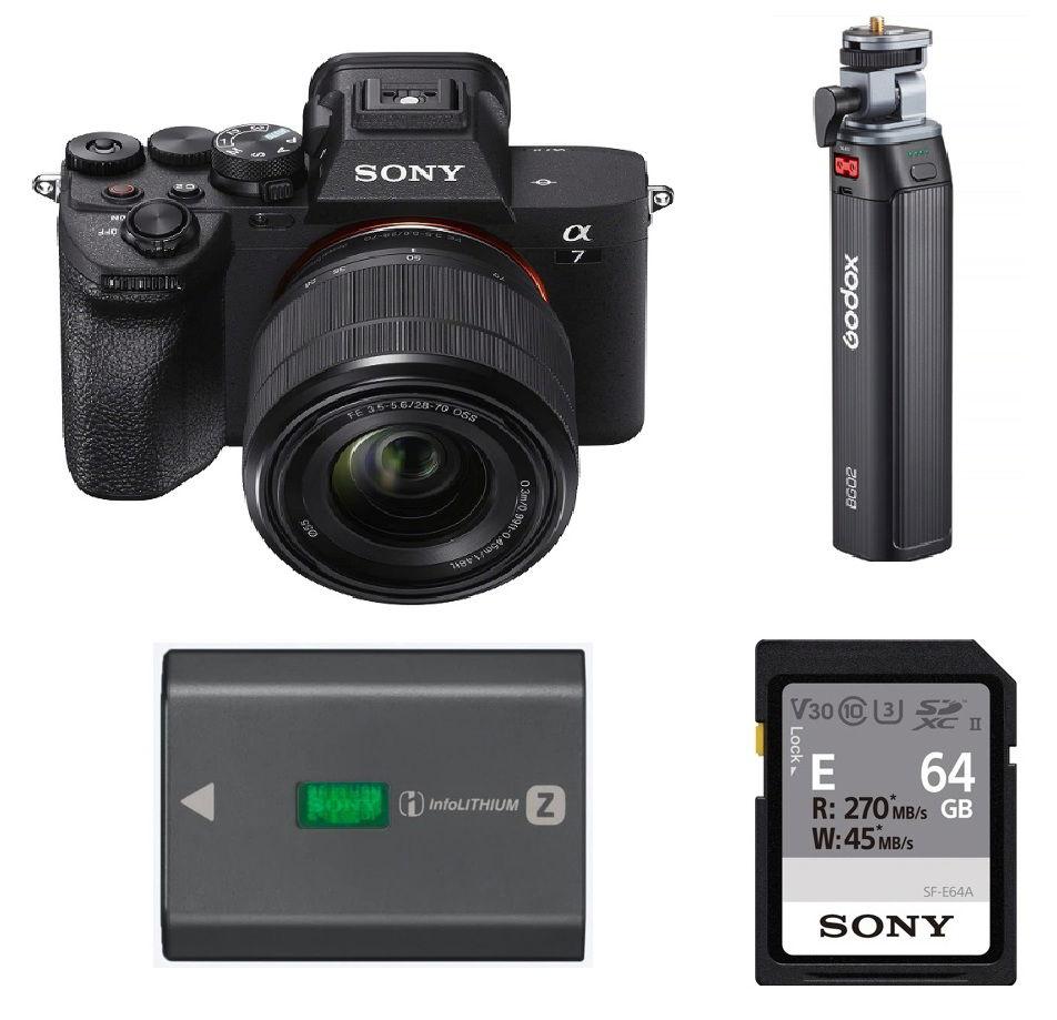 كاميرا سوني ألفا 7 IV الهجينة ذات الإطار الكامل مع عدسة تكبير 28-70 مم (ILCE-7M4K) + هدية مجانية قبضة بطارية جودوكس + حزمة بطارية قابلة لإعادة الشحن من سلسلة Z من سوني + بطاقة ذاكرة سوني UHS-II SDXC من سلسلة E بسعة 64 جيجابايت