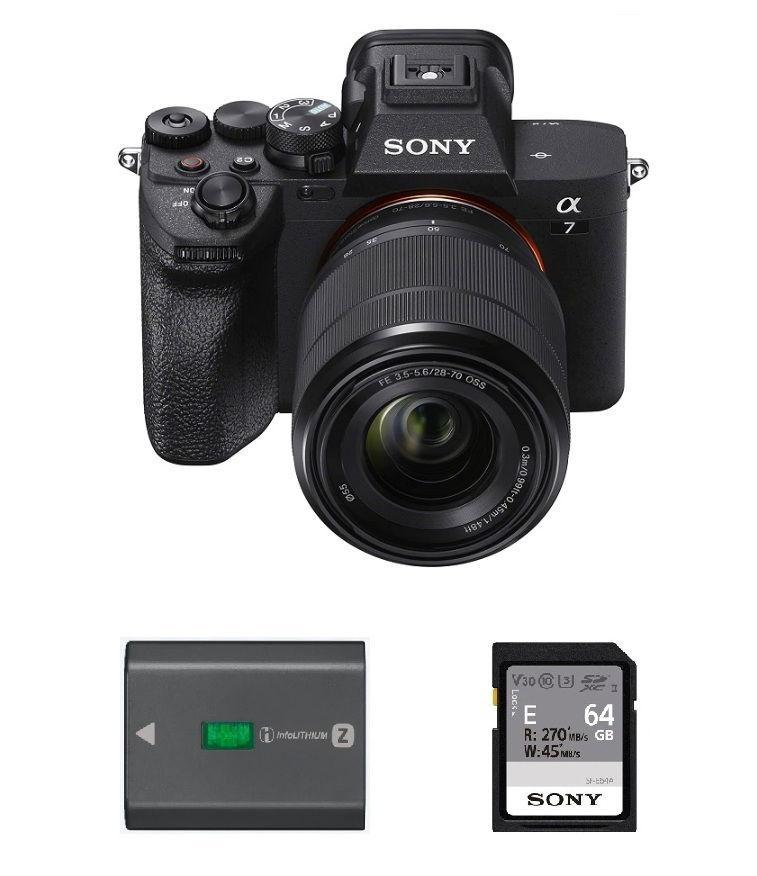 Sony Alpha 7 IV full-frame Hybrid Camera with 28-70 mm Zoom Lens, ILCE-7M4K + Free Gift Sony Z-series Rechargeable Battery Pack, NP-FZ100 + Sony 64 GB E Series UHS-II SDXC Memory Card, SF-E64