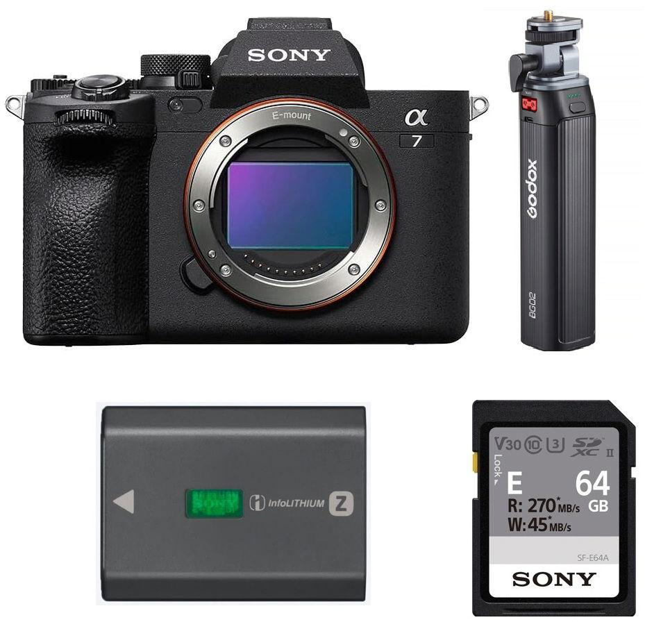 كاميرا سوني ألفا 7 IV الهجينة ذات الإطار الكامل (ILCE-7M4) + هدية مجانية قبضة بطارية Godox BG02 + بطارية قابلة لإعادة الشحن من سلسلة Z من سوني + بطاقة ذاكرة UHS-II SDXC من سلسلة E من سوني بسعة 64 جيجابايت