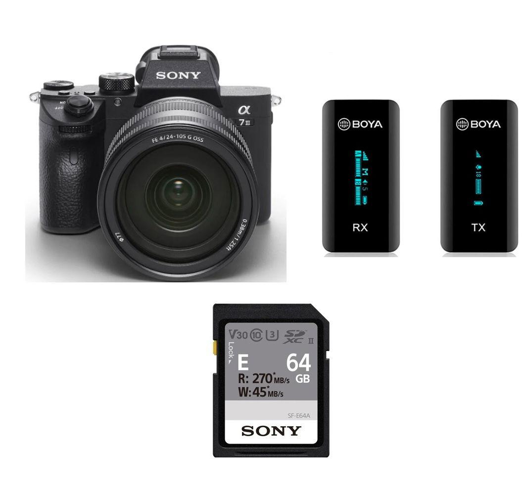 كاميرا سوني ألفا A7 III مع عدسة 28-70 (ILCE-7M3K) + هدية مجانية نظام ميكروفون لاسلكي ثنائي القناة 2.4 جيجاهرتز من بويا فائق الصغر + بطاقة ذاكرة سوني UHS-II SDXC سعة 64 جيجابايت من سلسلة E