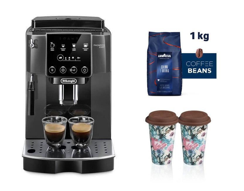Delonghi Magnifica Start, Fully Automatic Coffee Machine, Traditional Milk frother, 1450W, 1.8L, Bundle with 2 Double-Wall Travel Mugs & Lavazza Crema e Aroma Coffee Beans 1kg