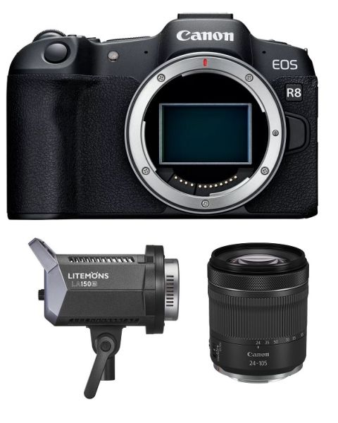 كانون كاميرا EOS R8 هيكل فقط + عدسة كانون 24-105مم F4-7.1 + إضاءة LA150BI جودوكس (EOSR8-B)