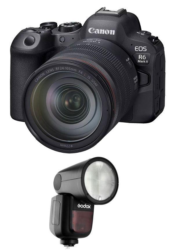 طقم عدسة Canon EOS R6 Mark II RF24-105mm + هدية فلاش Godox TTL LI-ION دائري لكاميرا Canon (V1C)