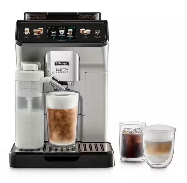 De'Longhi Eletta Explore, Fully Automatic Coffee machine, Bean to Cup, Built In Grinder, Latte Crema Hot and Cool, Automatic Milk Frother, 1450W, 1.8L, 19 Bar, Touch screen, App Connectivity, ECAM450.65.S, Metal