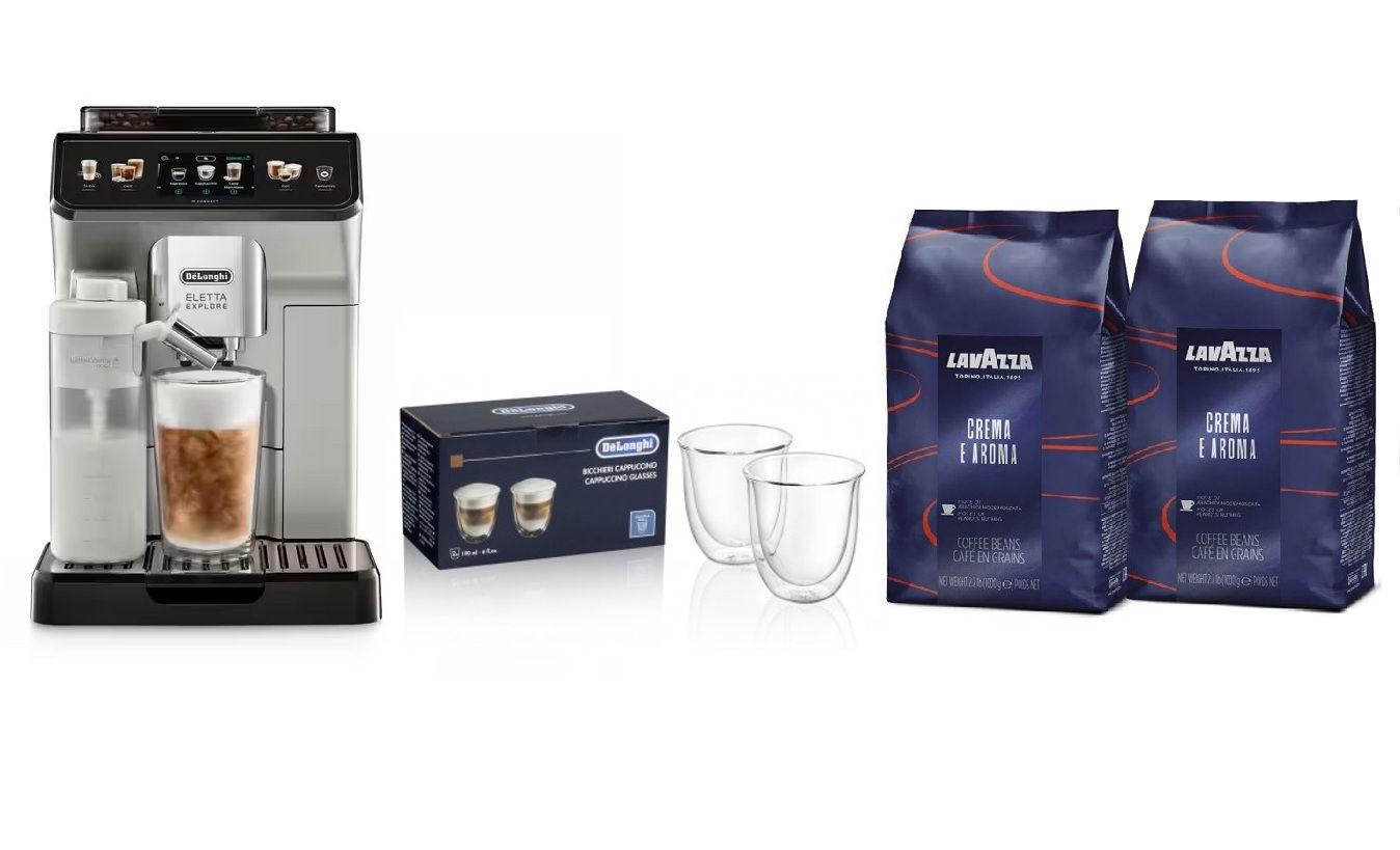 ديلونجي ECAM450.65.S ماكينة تحضير القهوة الأوتوماتيكية إليتا إكسبلور + هدية مجانية حبوب لافازا كريما أروما 2 كيلو + طقم أكواب ديلونجي كابتشينو 190 مل